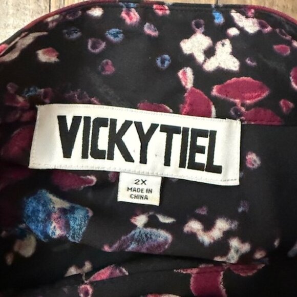 Vicky Tiel Black & Pink Floral Midi Dress Button Front Ruffles Long Sleeves 2X - Picture 6 of 6